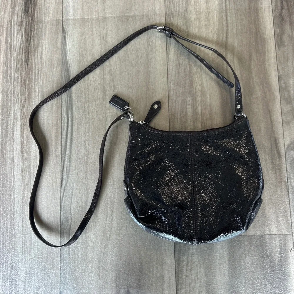 Coach Mahogany Brown Patent Leather Crossbody Bag Crinkle Texture Silver Logo